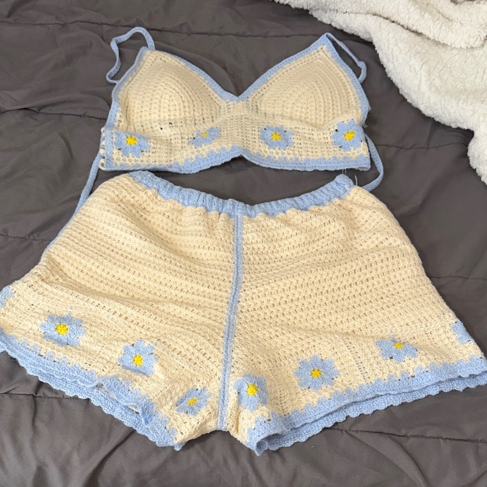 Handmade Crochet Bralette and Shorts Set - Cream and Blue
